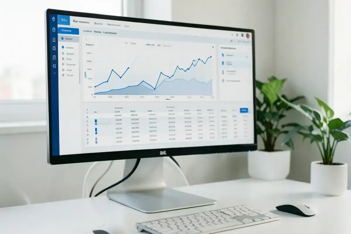 Financial analytics console with cobalt charts on a light interface