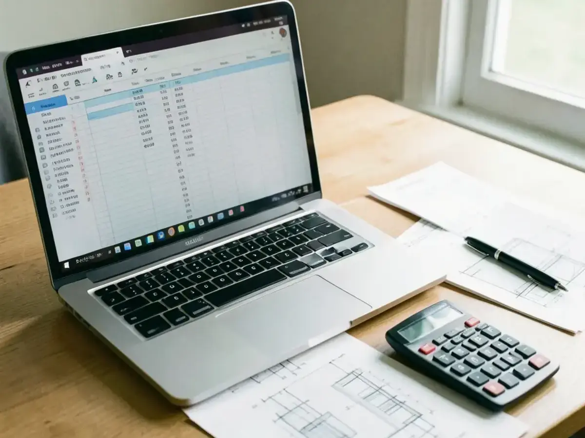 Estimate planning desk with cost spreadsheet and printed architecture diagrams