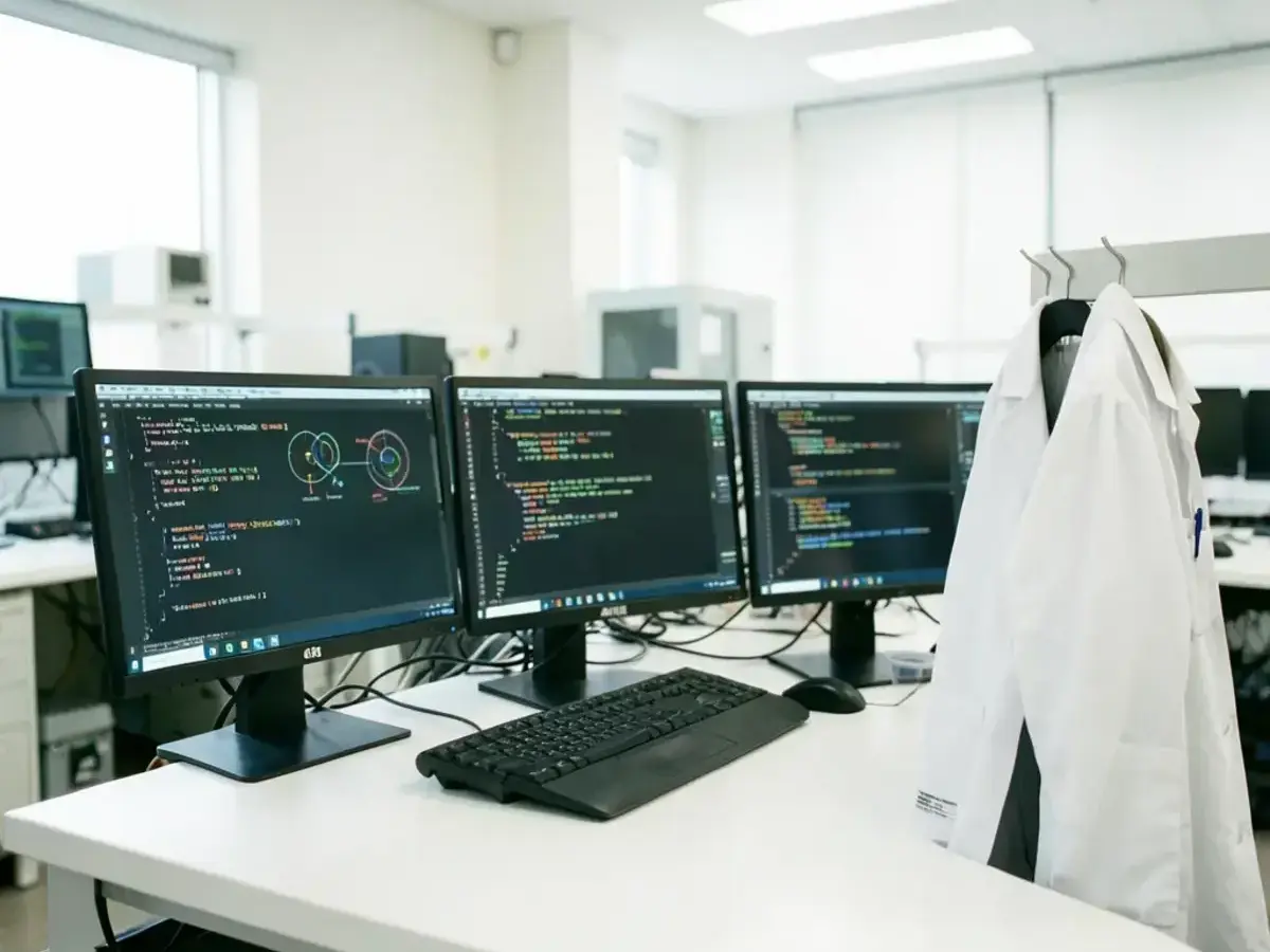 Research and development lab with white desks and multiple monitors