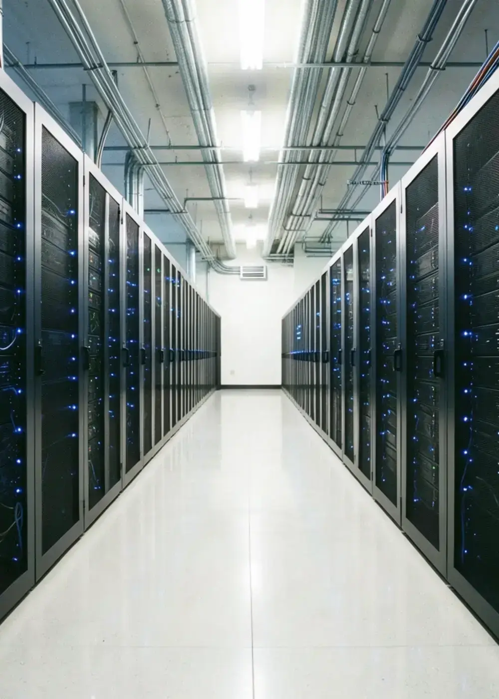 Bright server hall with blue indicator lights and structured cabling
