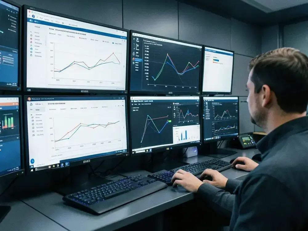 AI automation control room with model monitoring screens