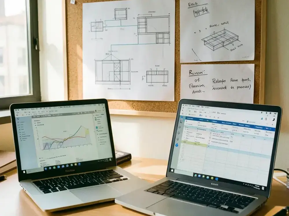 Technical audit desk with architecture diagrams and review notes