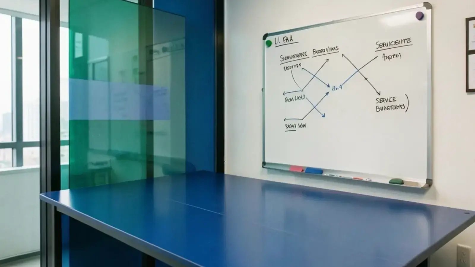 Consultancy studio corner with layered architecture screens and a whiteboard of service boundaries