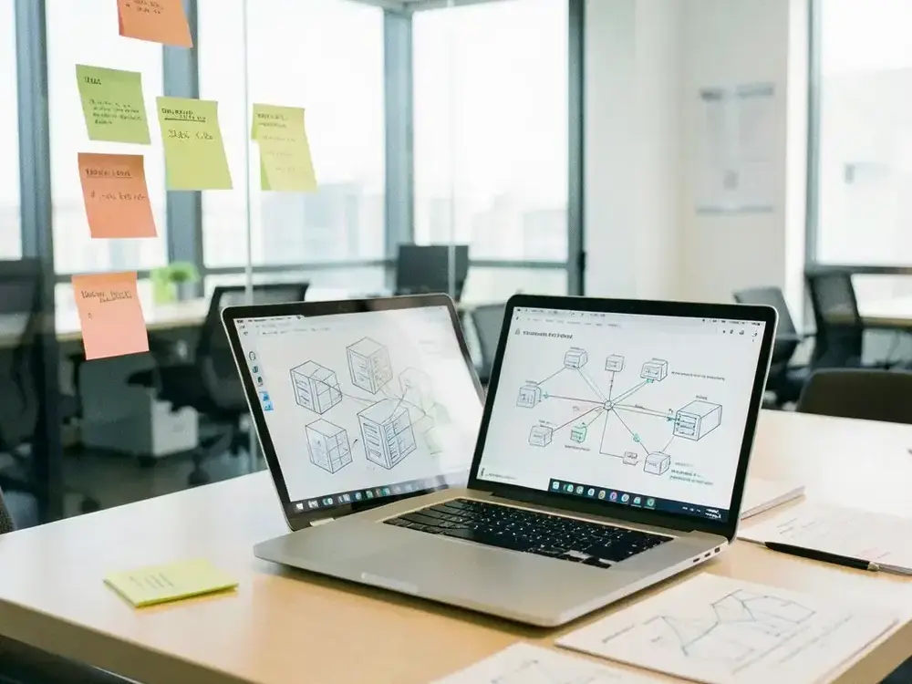 Cloud migration workspace with infrastructure diagrams pinned to a wall