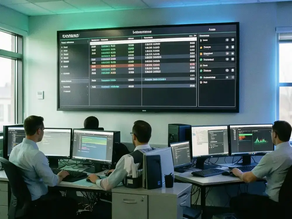 Security operations room with incident monitoring wall