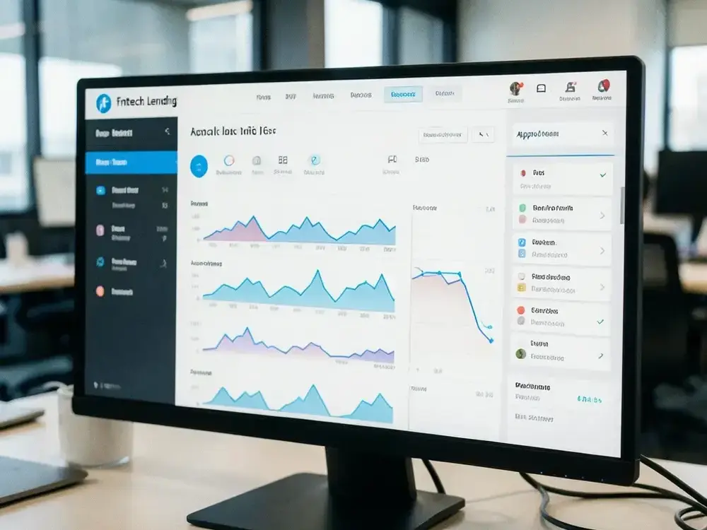 Fintech analytics console showing portfolio and risk dashboards