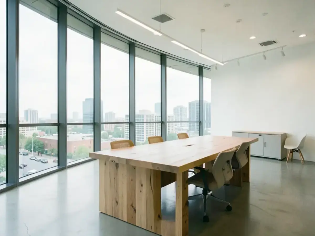 Bright studio office with panoramic windows and long work tables