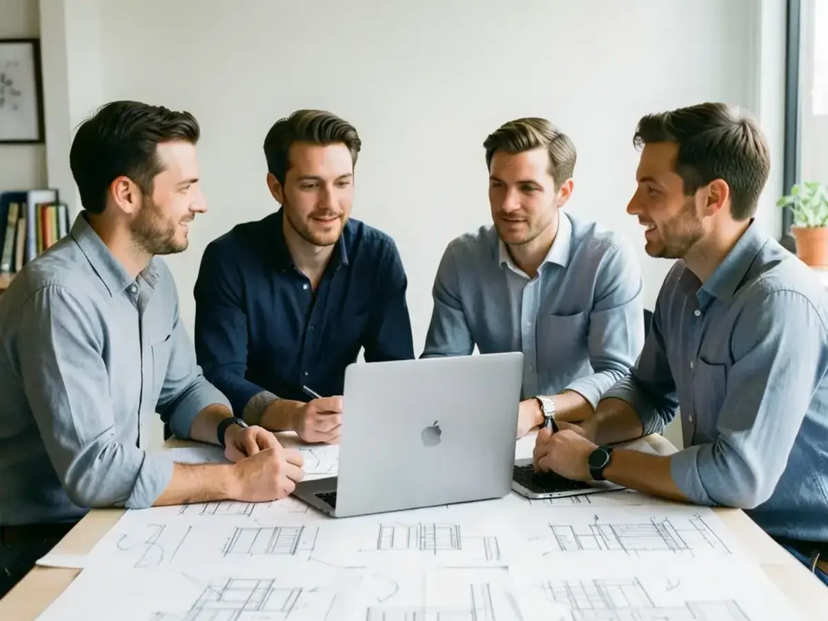 Product team discussing architecture sketches around a table