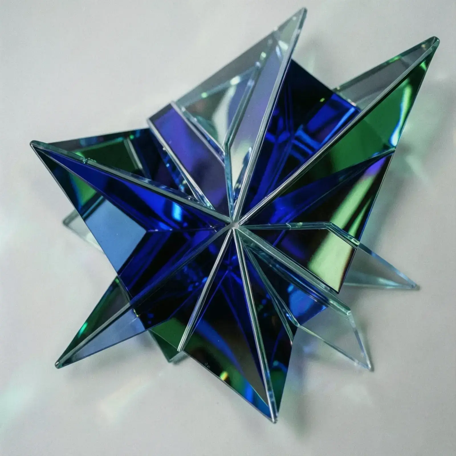 Abstract fractured glass surface with cobalt and emerald reflections
